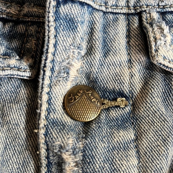 Free People Distressed Denim Knit Sleeves Jean Jacket - Picture 3 of 16